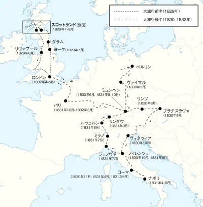 メンデルスゾーン青年期の「大旅行」の足跡を表した地図。西ヨーロッパを中心に、ベルリンからナポリを経て英国へ至り、英国内ではロンドンからスコットランド一周へ至る道筋が地図上に線で示されている。